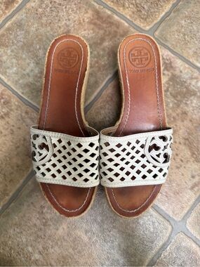 Tory Burch Ivory Cutout Leather Espadrille Slides